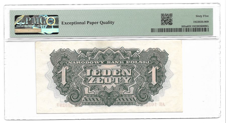1 zloty 1944 r. "obowiazkowym" - Seria AH - Grading PMG 65 EPQ