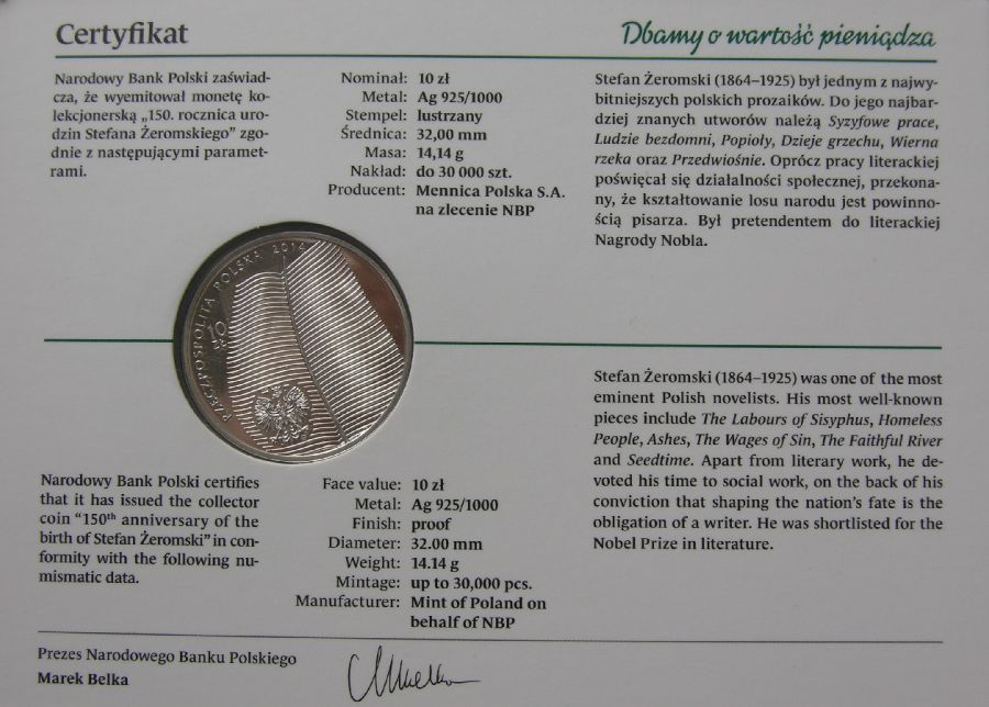 10 zlotych - 150. rocznica urodzin Stefana Zeromskiego