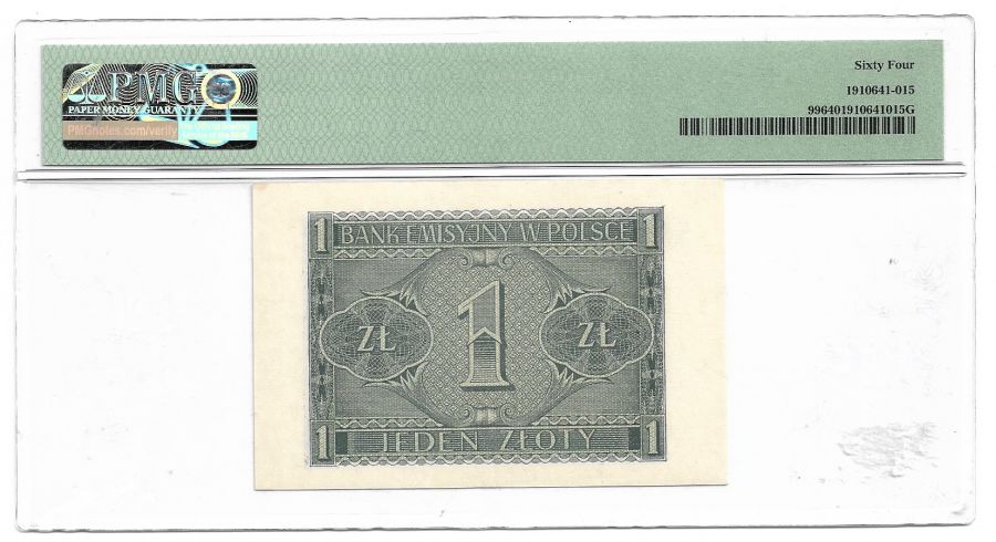 1 zloty 1941 r. - seria BD - Grading PMG 64