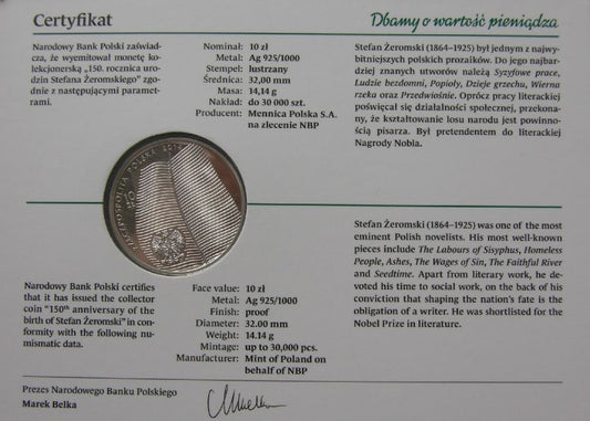 10 zlotych - 150. rocznica urodzin Stefana Zeromskiego