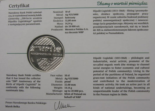10 zlotych - 200-lecia urodzin Hipolita Cegielskiego