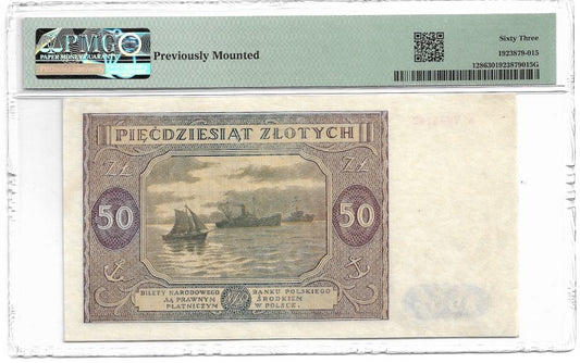 50 zlotych 1946 r. - Seria K - Klasyfikacja PMG 63